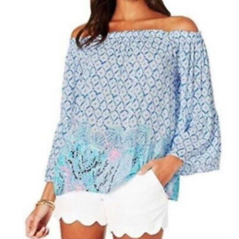 Lilly Pulitzer Nevie Off -The-Shoulder top Size M Sea La Vie print